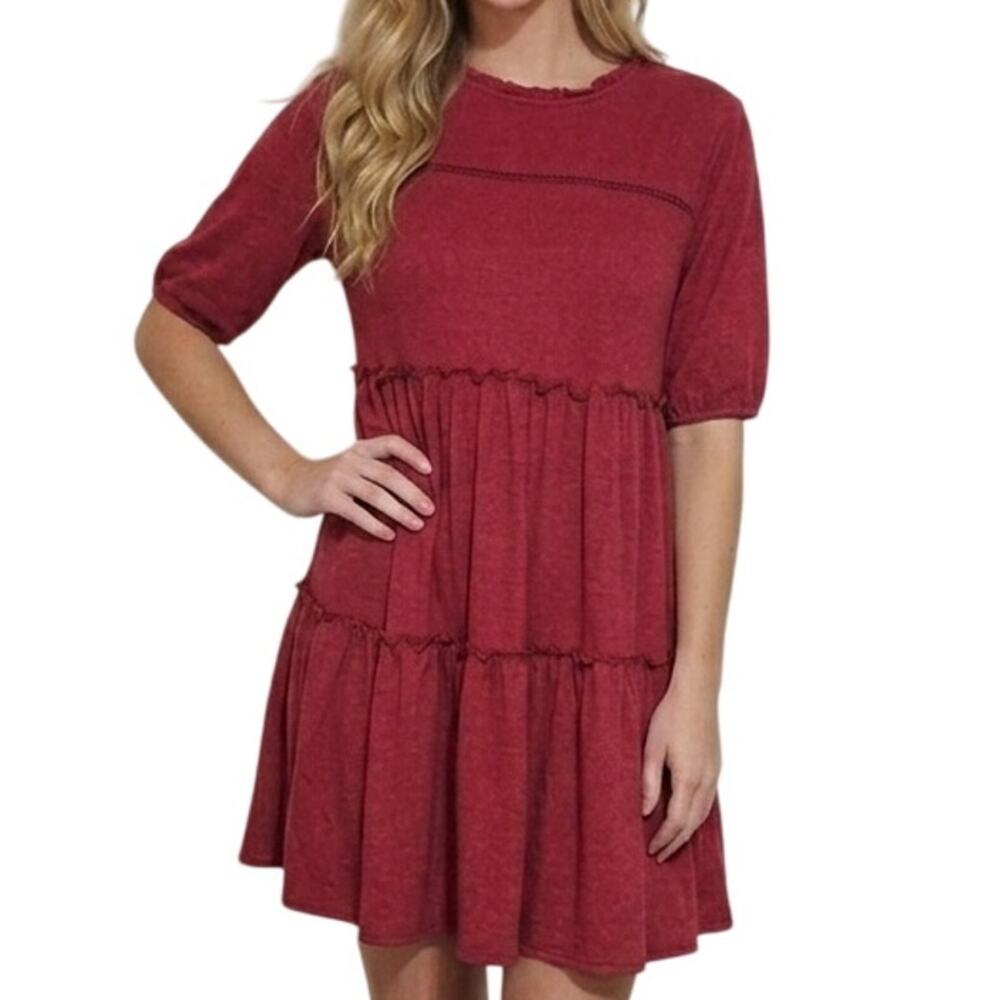 KNOX ROSE Tiered Short Sleeve Crochet Ruffle Dress Small Burgundy Red Boho Fall